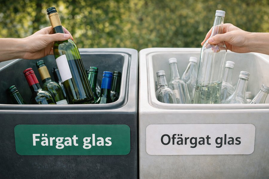 glasflaskor-sorteras-fargat-ofargat-glas-atervinning-16×9 Glasflaskor som sorteras i återvinningsbehållare för färgat glas och ofärgat glas, med händer som lägger flaskor i rätt kärl.